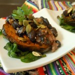 Vegan Black Bean and Pecan Butter Sauce over Grilled Eggplant and Sauteed Spinach