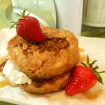 Single Serving Vegan Granola Pancakes with Sour Cream, Maple Syrup and Fresh Fruit (Recipe Easily Multiplies)