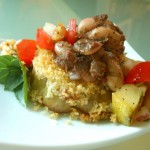 Vegan Eggplant Stack with White Beans in Beet Greens Pesto and Grilled Zucchini-Rosemary Salsa