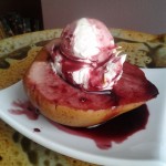 Vegan Red Wine Poached Pears with Cream Cheese-Orange Filling and Red Wine Reduction