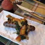 Vegan Sausage with Curried Peach and Kale Quick Compote