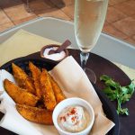 Vegan “French Fries and Champagne” <br> Indian-Spiced Sweet Potato Wedges with Dipping Sauce