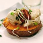 Sweet Potato Bruschetta with Cream Cheese, Toasted Pecans, Fresh Thyme & Maple Syrup