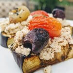 Baked Mediterranean “Cheese” Appetizer Two Ways with Eggplant Crostini (vegan and plant-based)